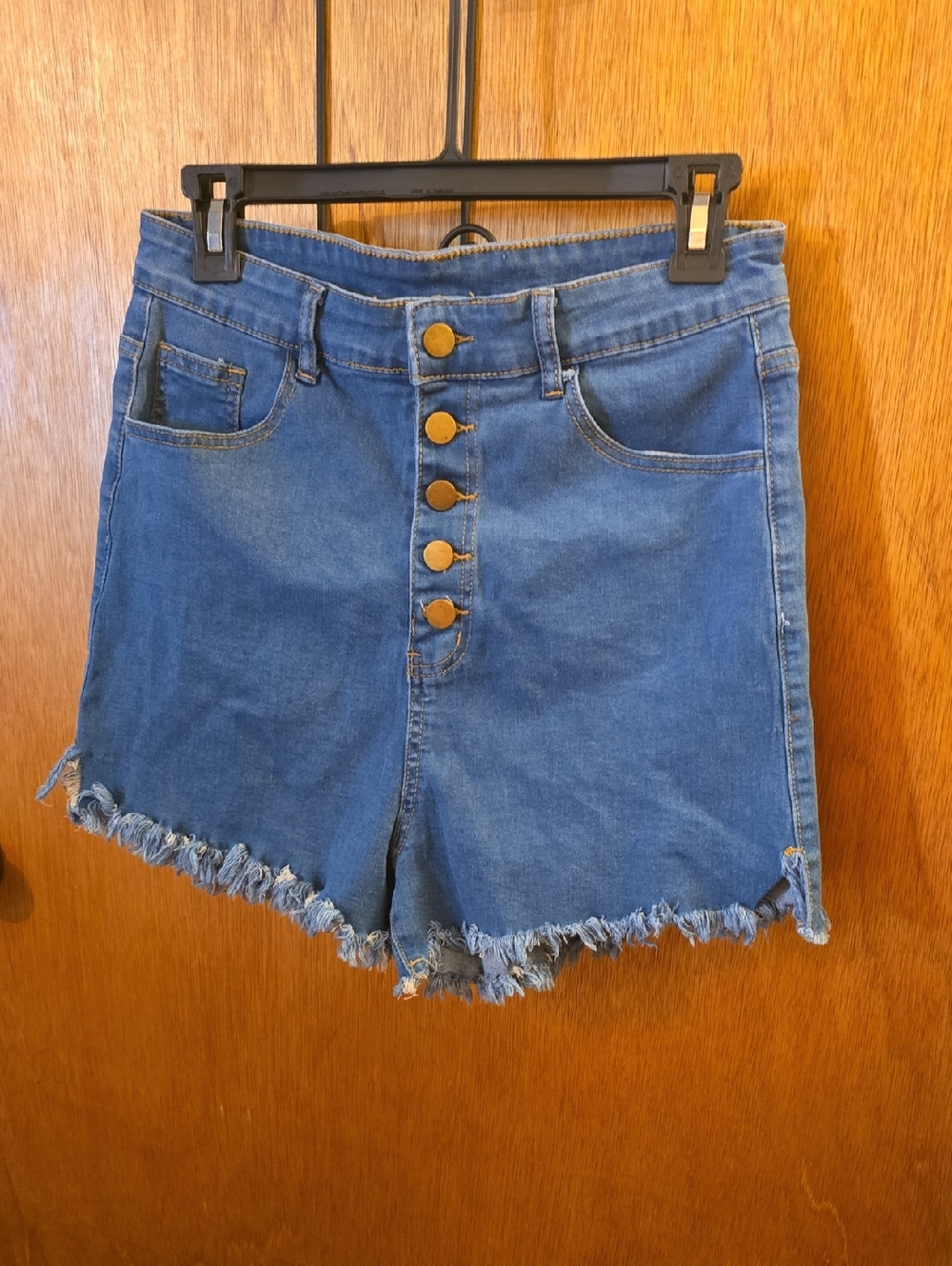 Women's Blue High-Rise Button-Front Denim Shorts